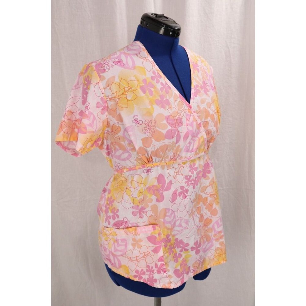 Landau Women's XL Medical Uniform Scrub Top Pink Orange Floral Tie Back VTG - Picture 2 of 12